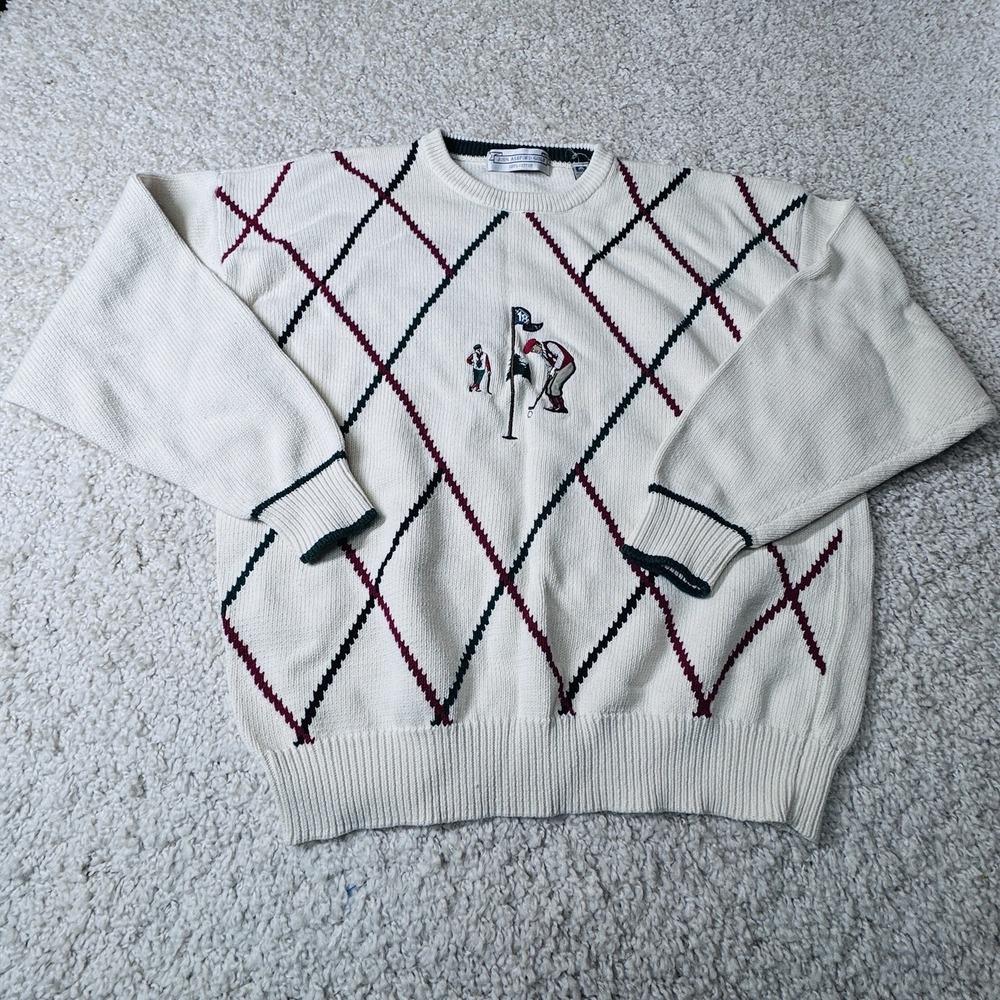 John Ashford Golf Sweater XL 100%‎ Cotton Argyle Golfer Embroidered